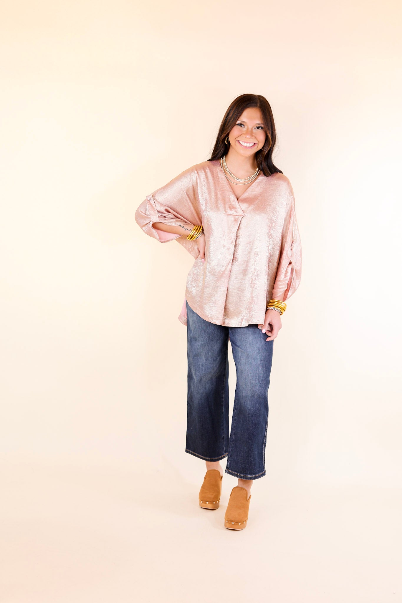 Gleam and Glow Metallic V Neck Top with 3/4 Sleeves in Rose Gold Pink