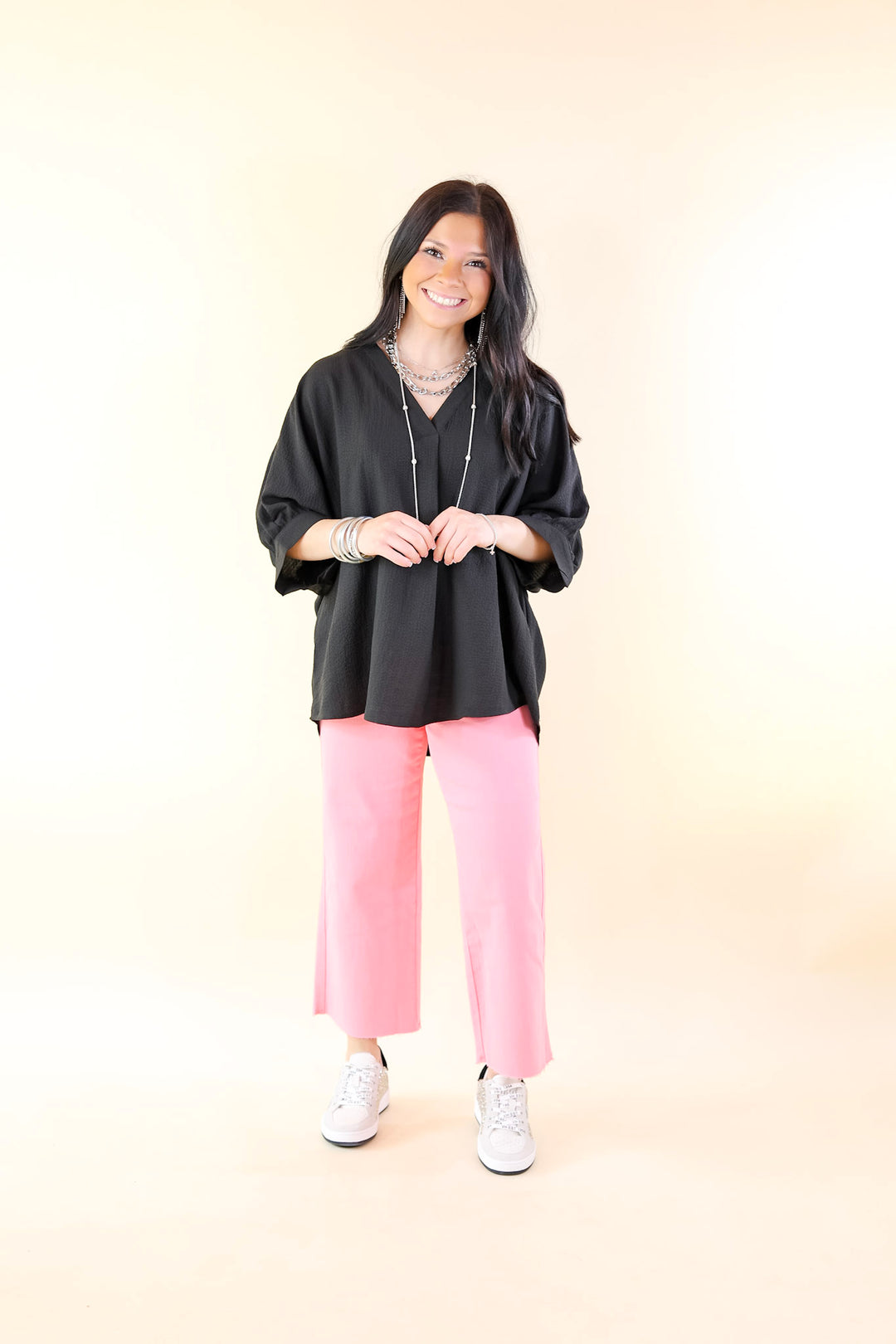 Chic and Charming V Neck Top with 3/4 Sleeves in Black - Giddy Up Glamour Boutique