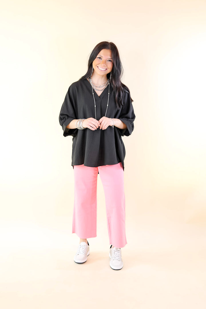 Chic and Charming V Neck Top with 3/4 Sleeves in Black - Giddy Up Glamour Boutique