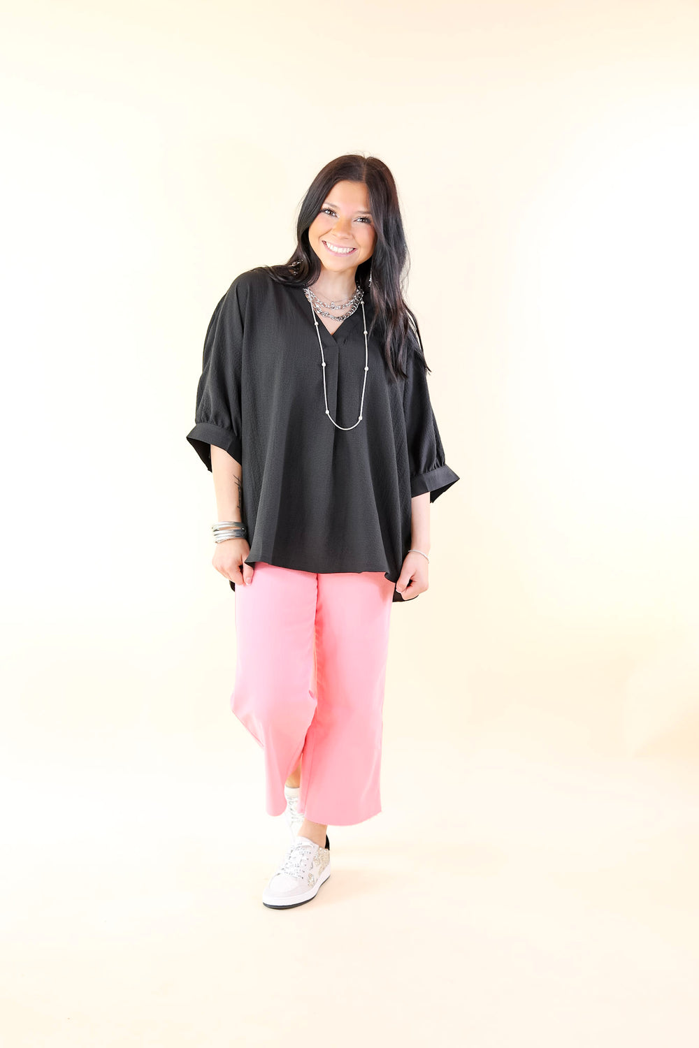 Chic and Charming V Neck Top with 3/4 Sleeves in Black - Giddy Up Glamour Boutique