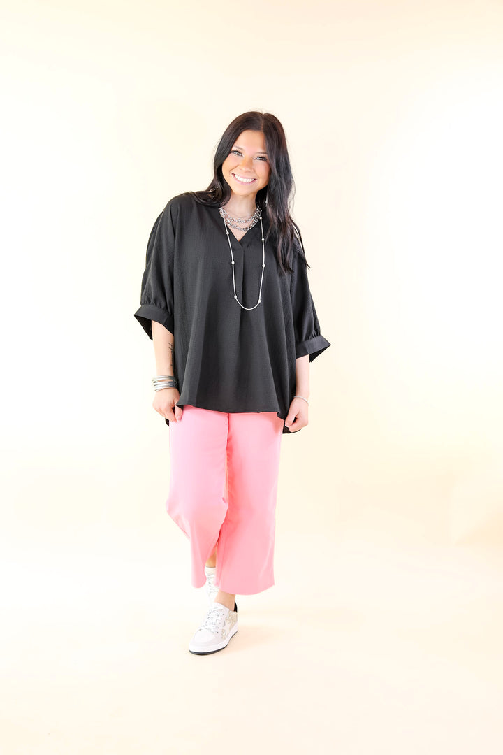 Chic and Charming V Neck Top with 3/4 Sleeves in Black - Giddy Up Glamour Boutique