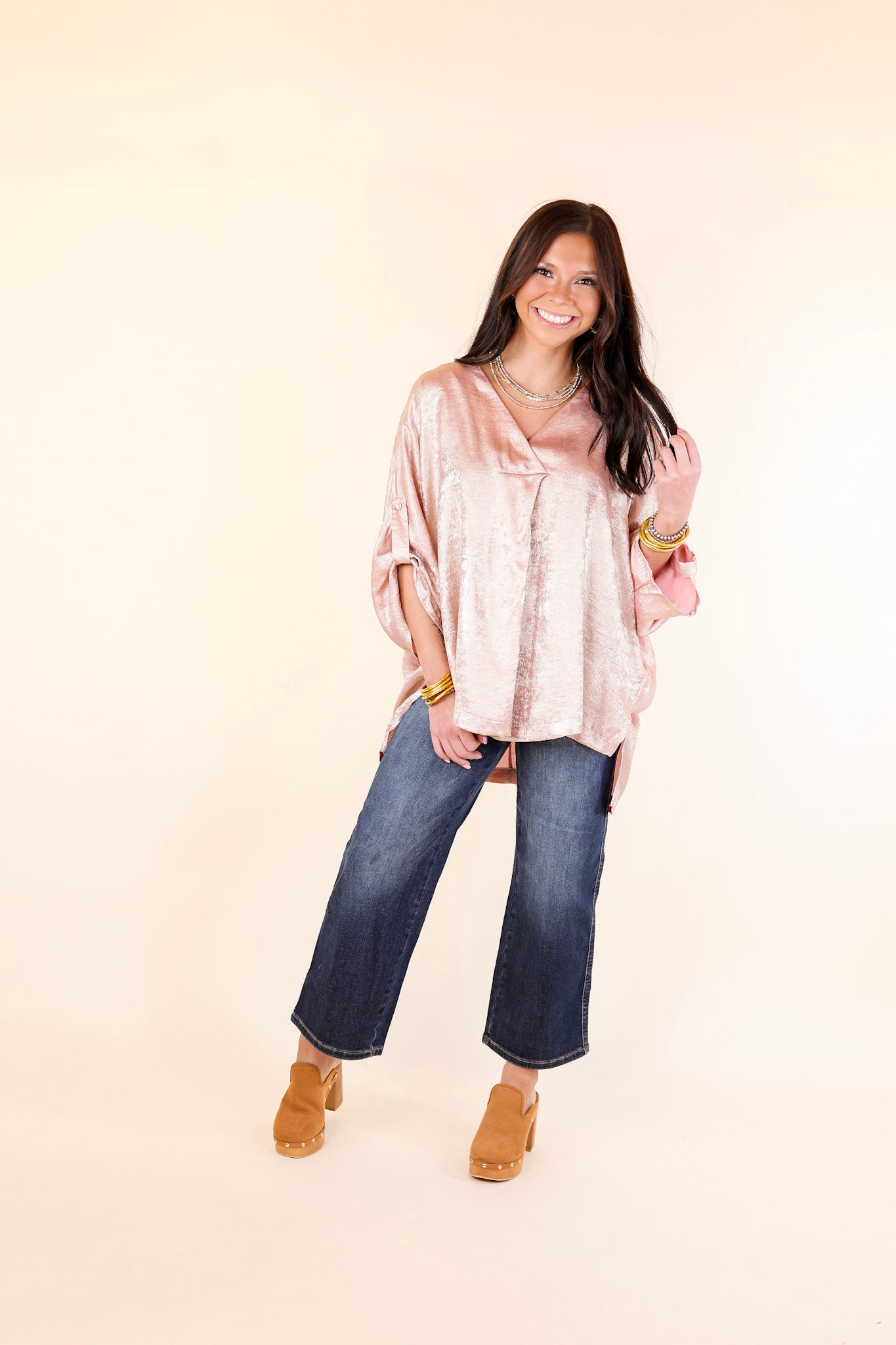 Gleam and Glow Metallic V Neck Top with 3/4 Sleeves in Rose Gold Pink