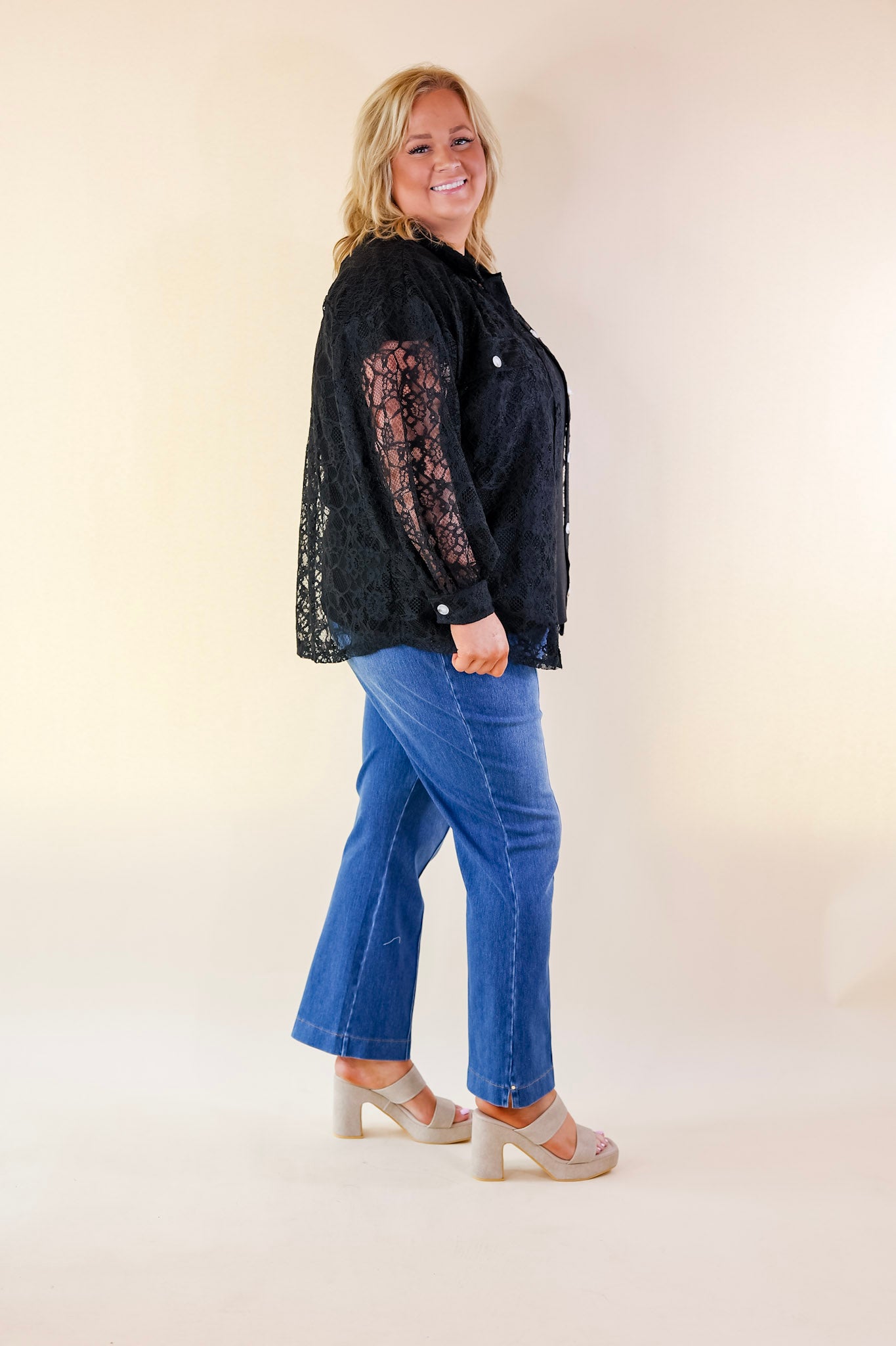 Sheer Chic Collared Button Up Lace Top in Black - Giddy Up Glamour Boutique