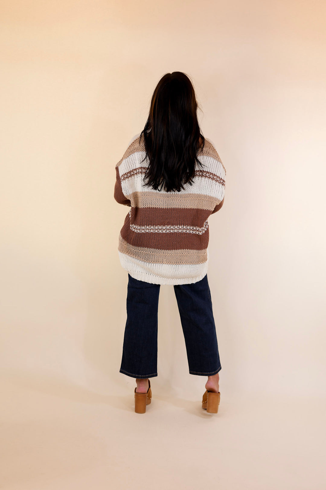 Cozy On Up Long Sleeve Striped Sweater in Brown Mix