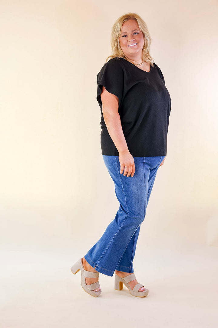 Everyday Essential Short Sleeve Waffle Knit Top in Black - Giddy Up Glamour Boutique