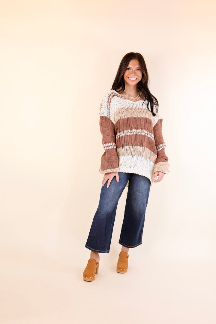 Cozy On Up Long Sleeve Striped Sweater in Brown Mix