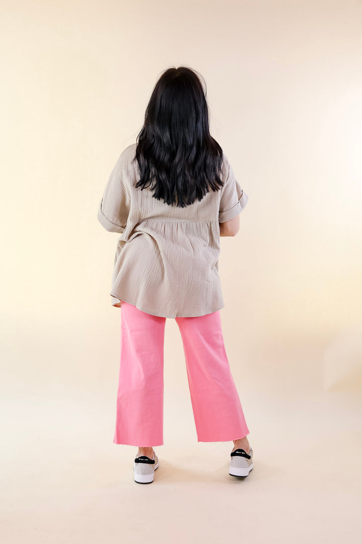 Vacation Vibes Collared Button Up Babydoll Top in Taupe - Giddy Up Glamour Boutique