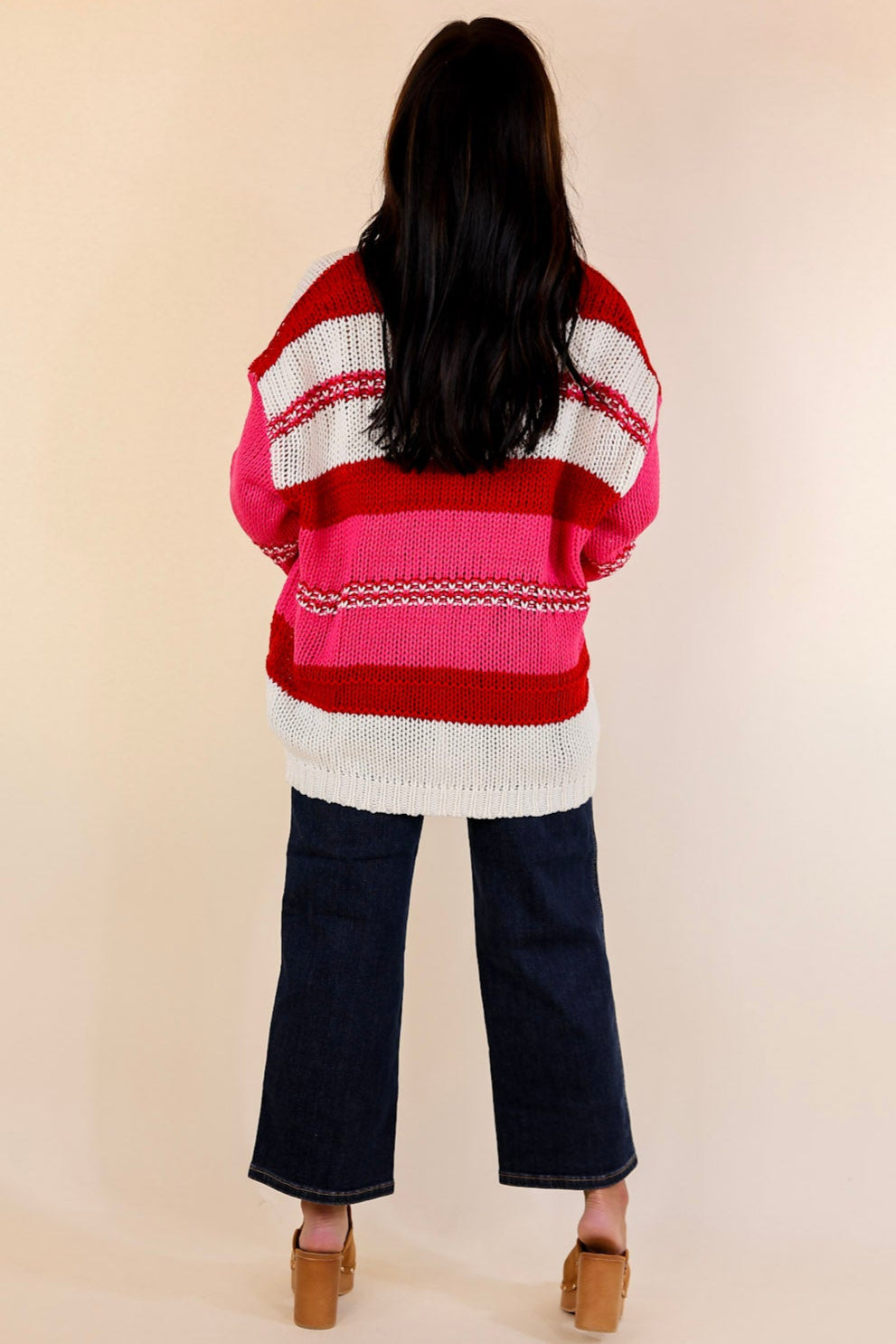 Cozy On Up Long Sleeve Striped Sweater in Red Mix
