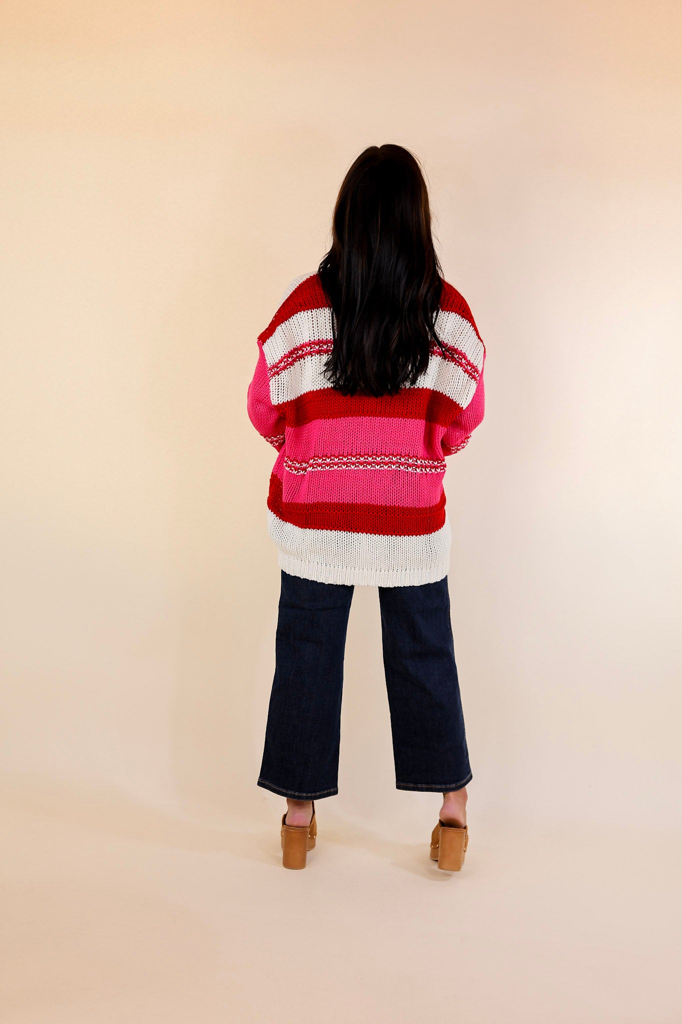 Cozy On Up Long Sleeve Striped Sweater in Red Mix