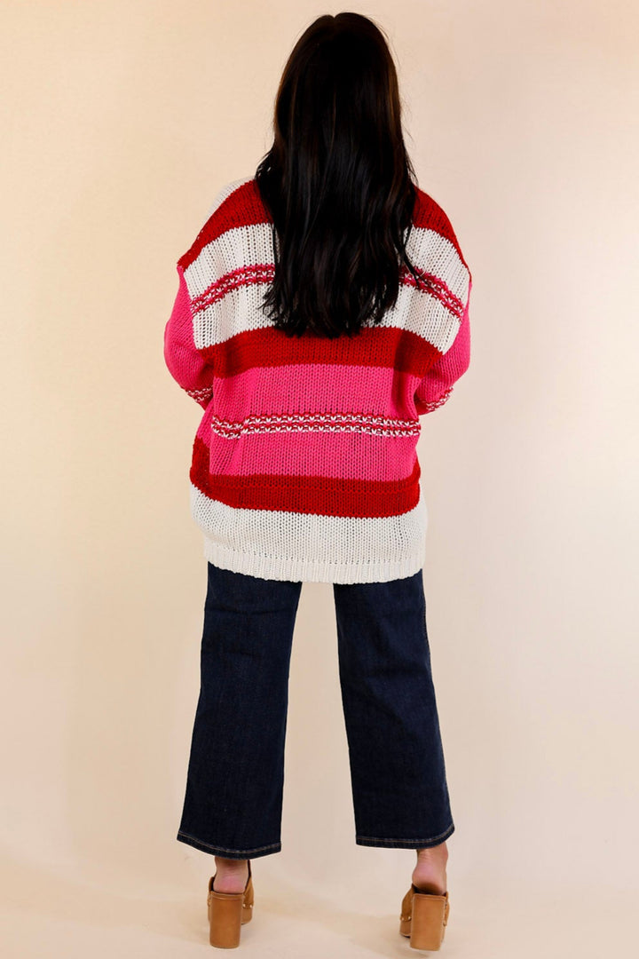 Cozy On Up Long Sleeve Striped Sweater in Red Mix