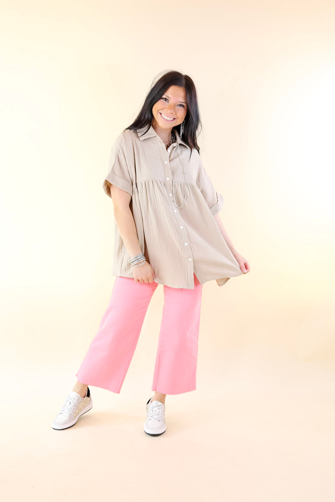 Vacation Vibes Collared Button Up Babydoll Top in Taupe - Giddy Up Glamour Boutique