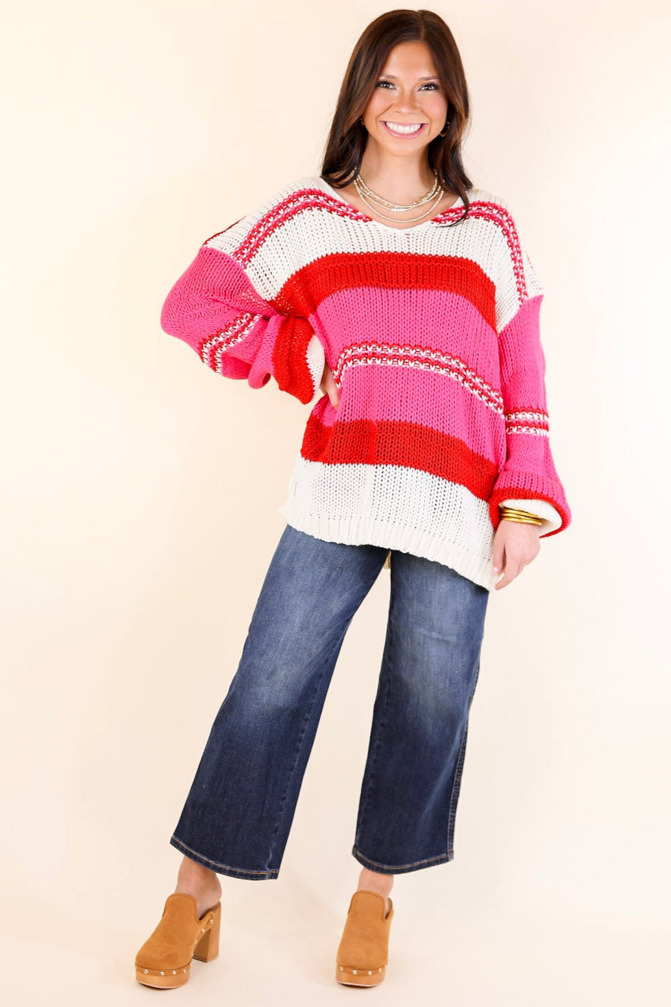 Cozy On Up Long Sleeve Striped Sweater in Red Mix