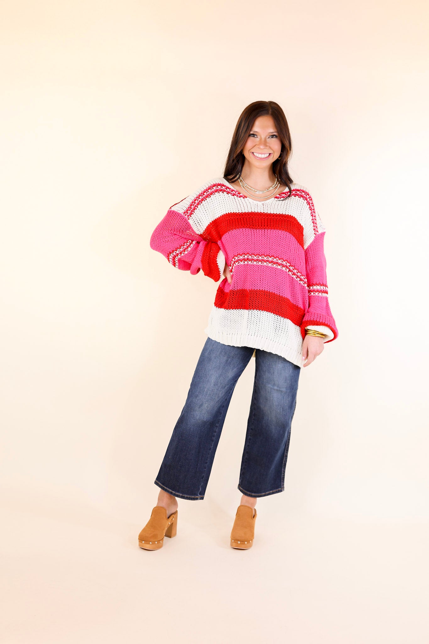 Cozy On Up Long Sleeve Striped Sweater in Red Mix