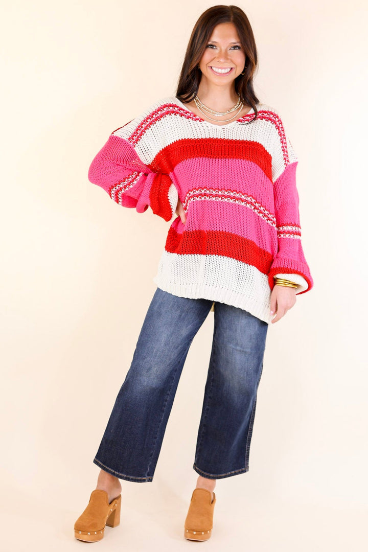 Cozy On Up Long Sleeve Striped Sweater in Red Mix