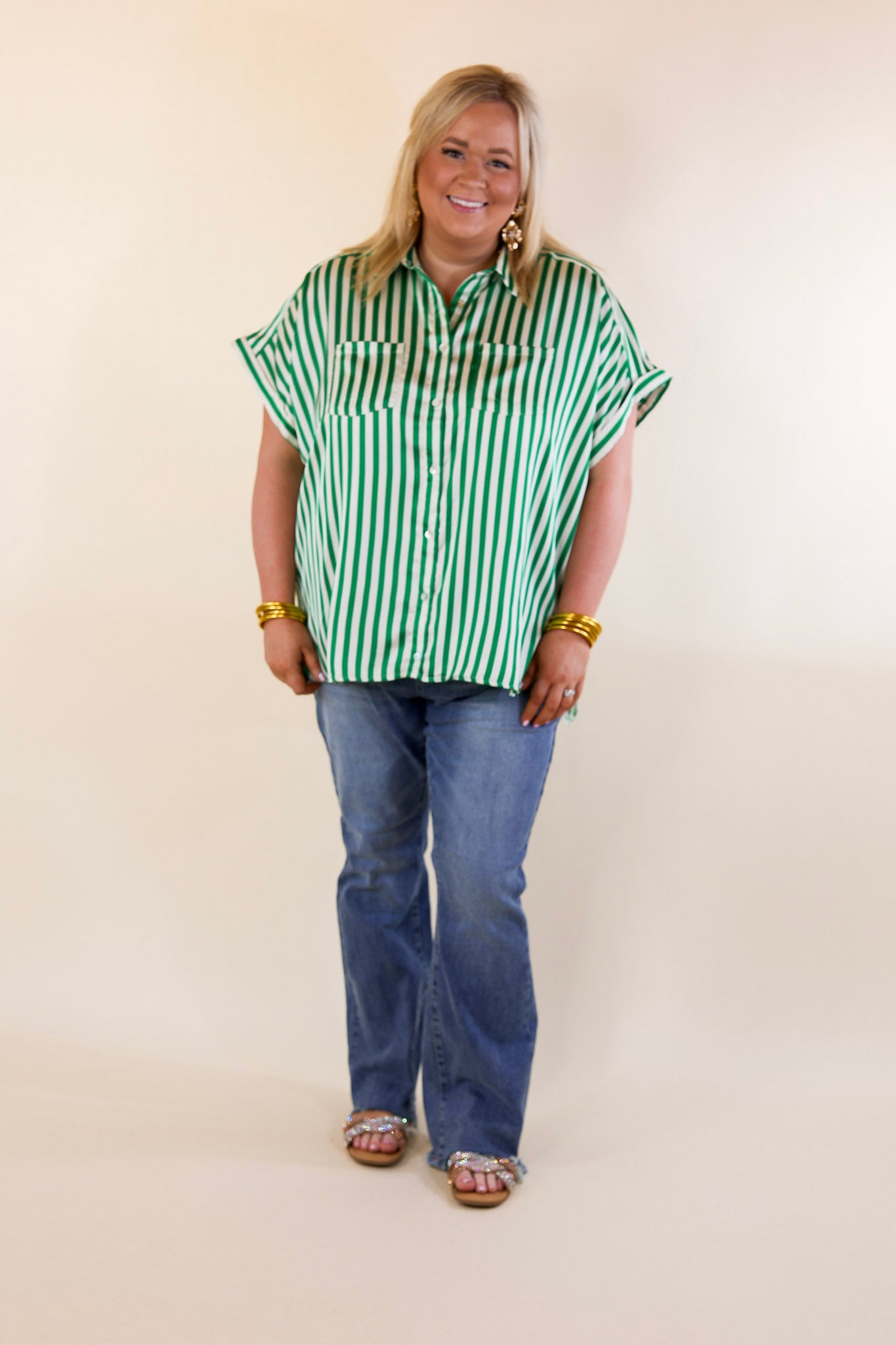 Free To Be Fab Button Up Short Sleeve Striped Top in Green