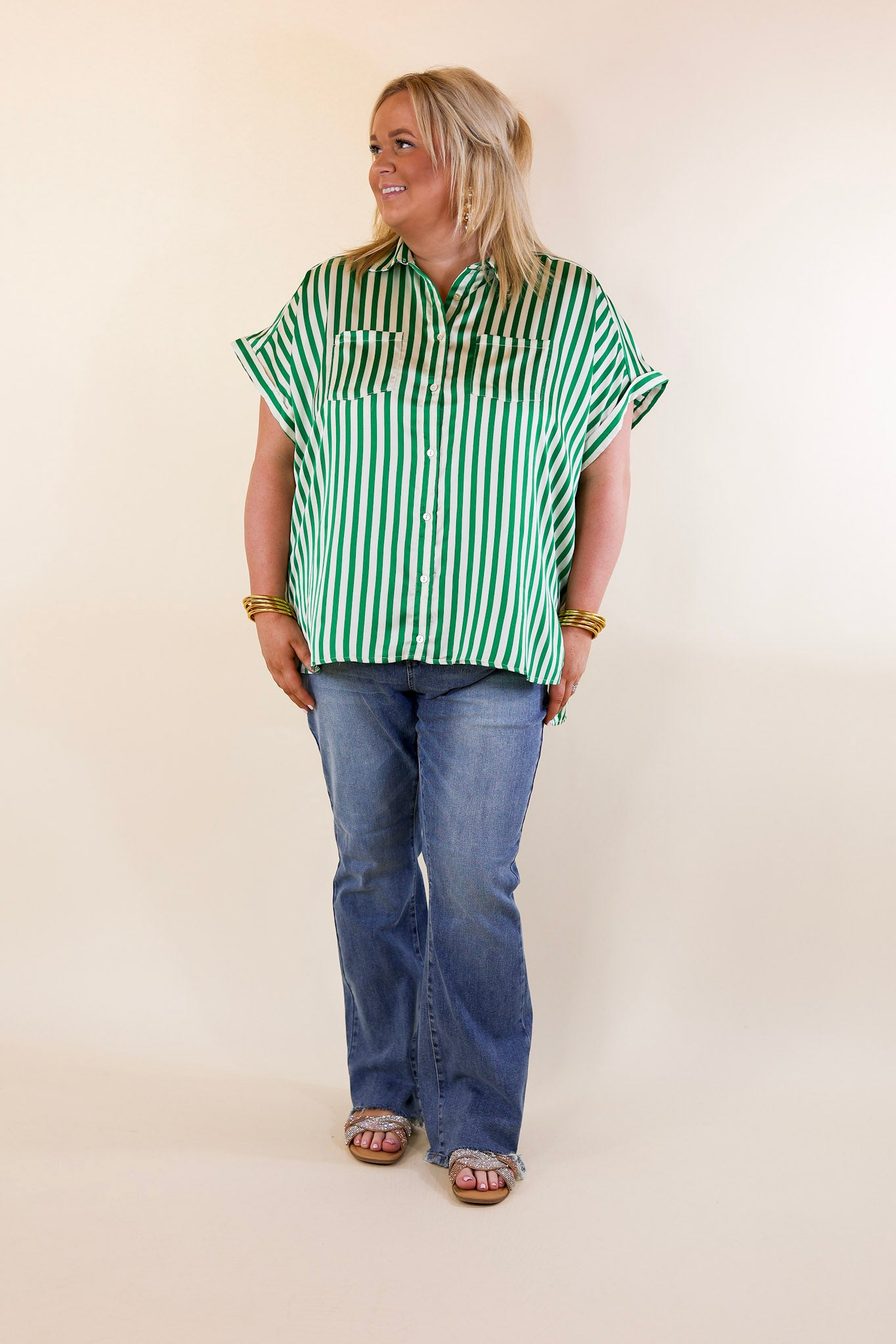 Free To Be Fab Button Up Short Sleeve Striped Top in Green