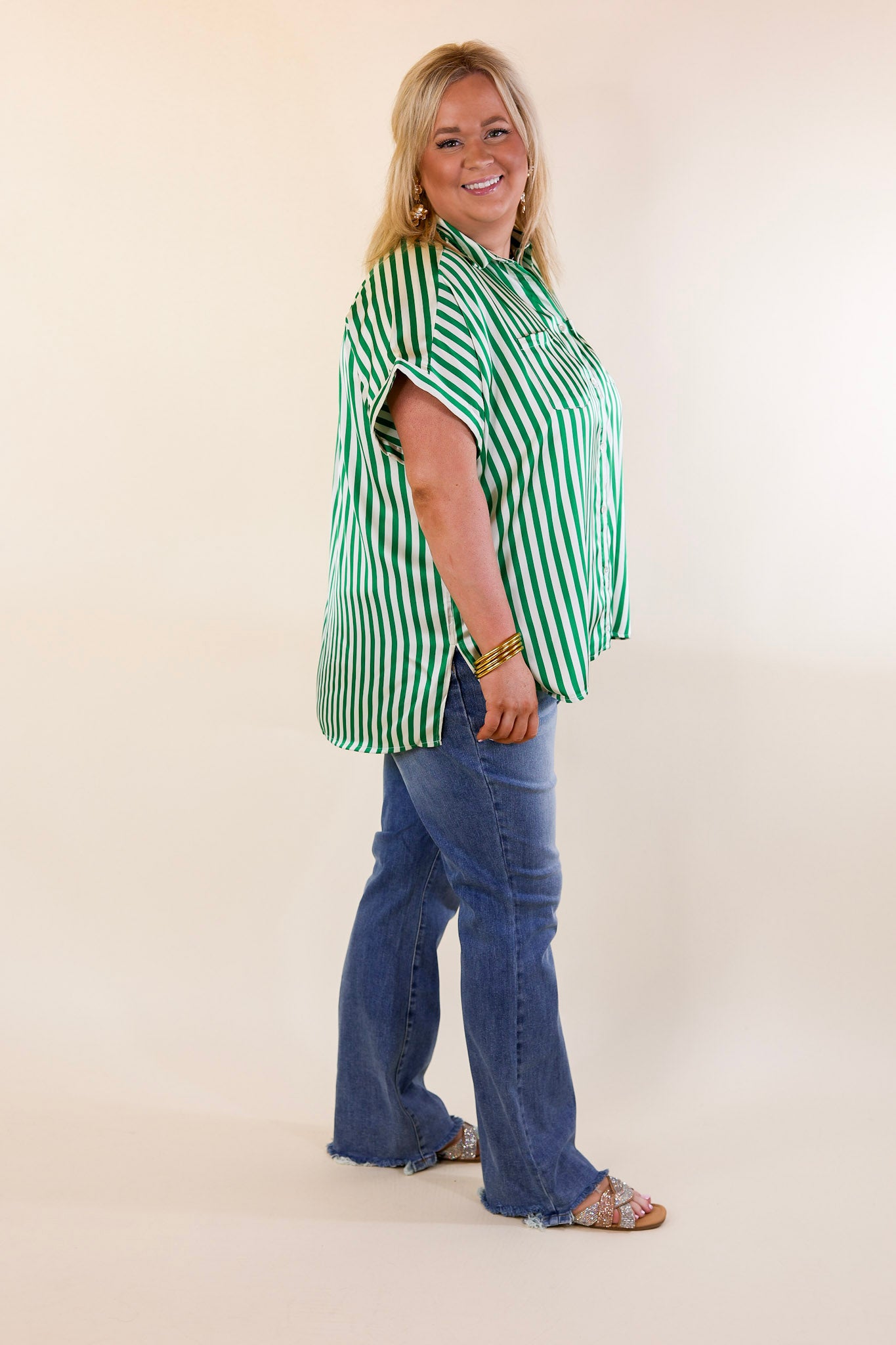 Free To Be Fab Button Up Short Sleeve Striped Top in Green