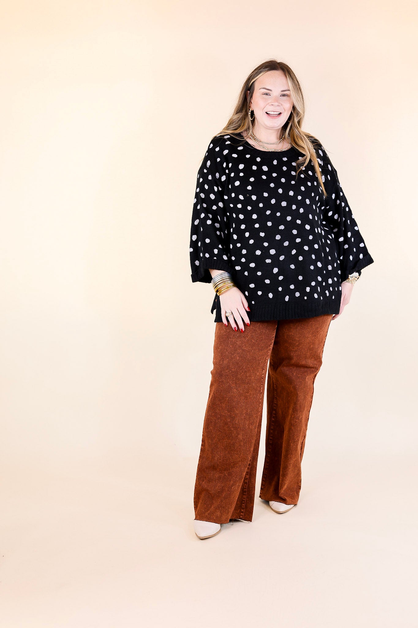 Iced Latte Love Wide 3/4 Sleeve Polka Dot Sweater in Black