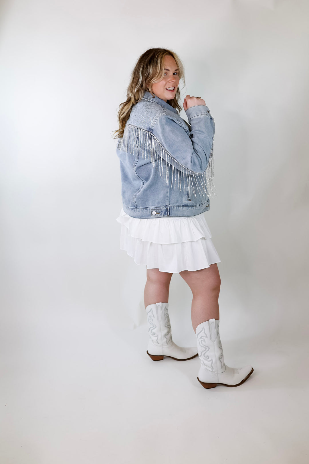 Like a Diamond Crystal Fringe Button Up Denim Jacket in Light Wash - Giddy Up Glamour Boutique