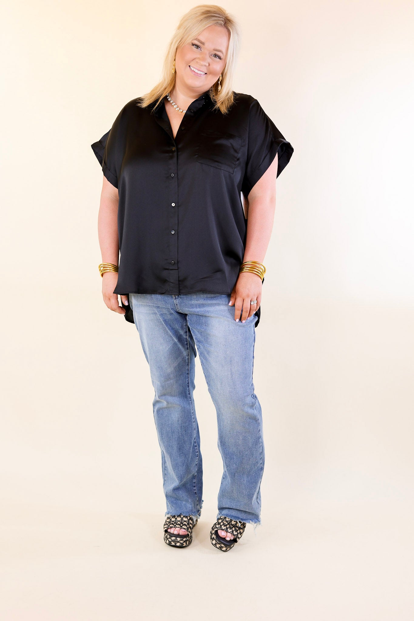 Free To Be Fab Button Up Short Sleeve Top in Black