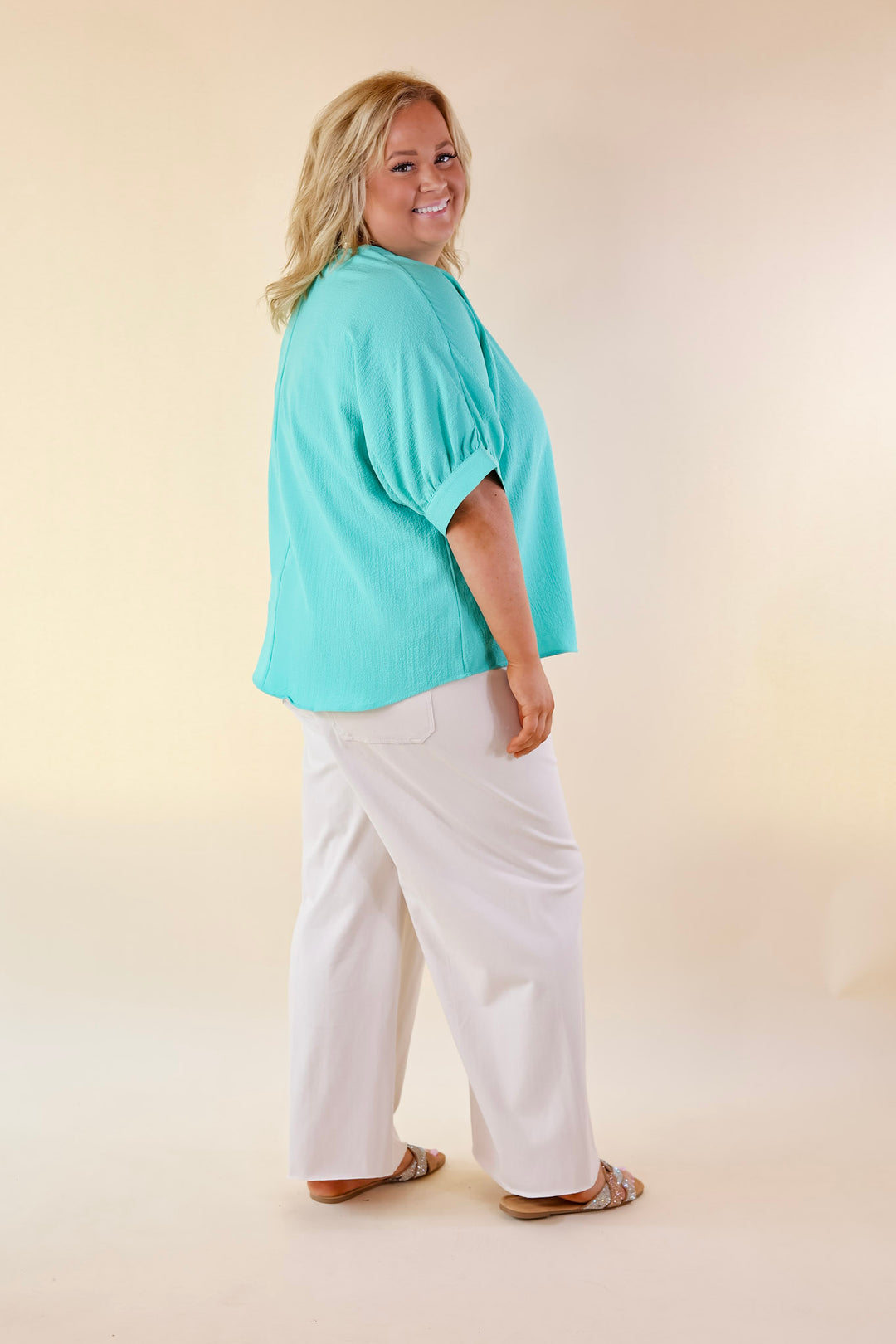 Chic and Charming V Neck Top with 3/4 Sleeves in Emerald Green - Giddy Up Glamour Boutique