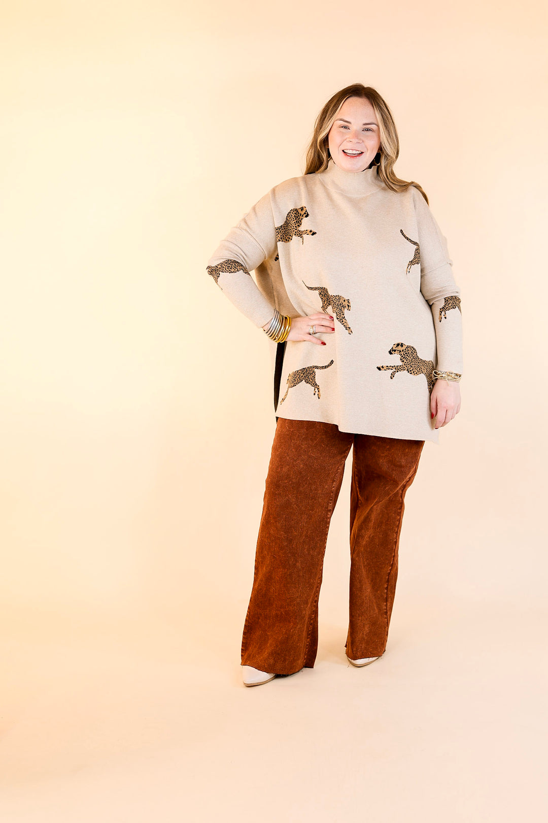 Cheetah Girls Mock Neck Cheetah Print Sweater in Beige