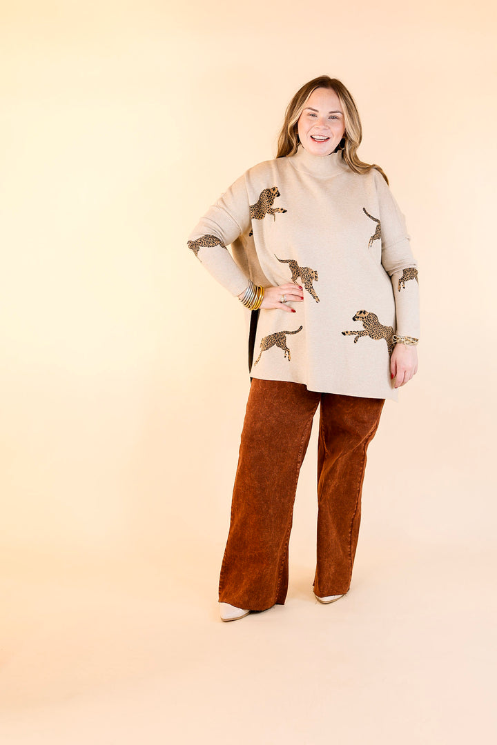 Cheetah Girls Mock Neck Cheetah Print Sweater in Beige