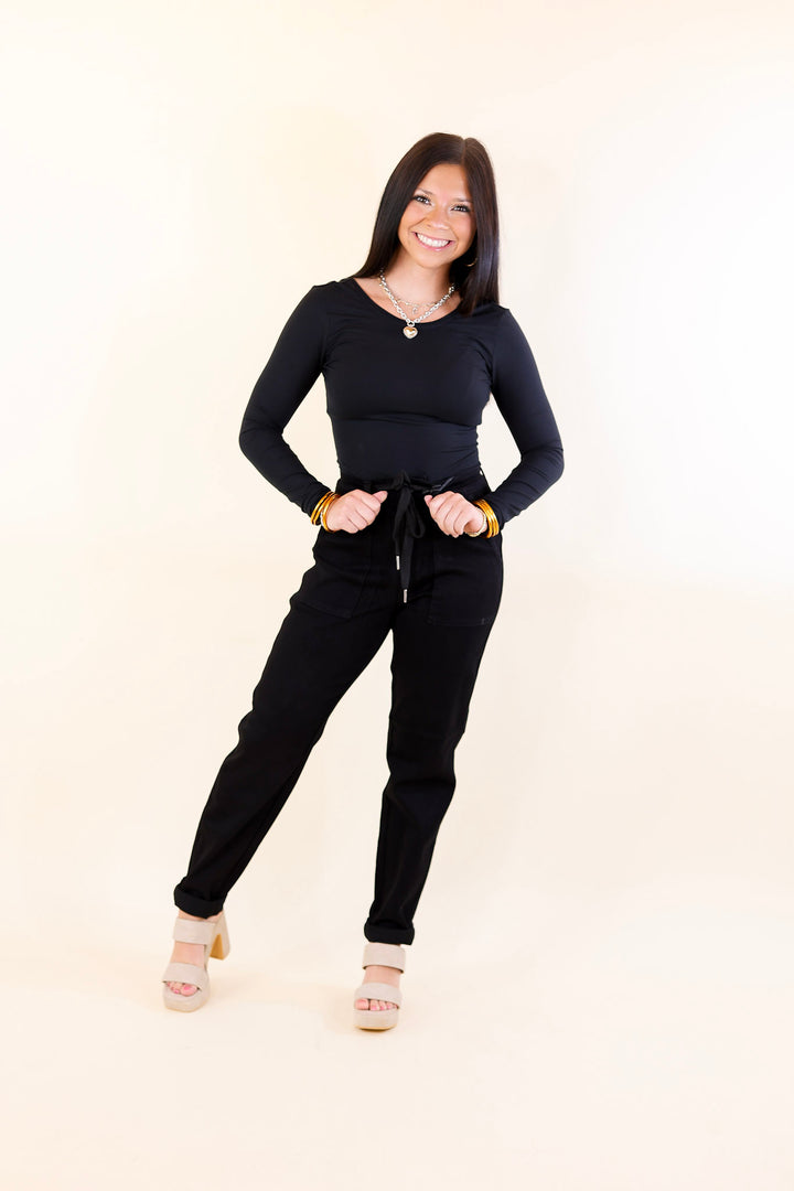 Last Chance Size 0, 1, 20W & 22W | Judy Blue | Keep It A Secret Relaxed Pull on Denim Jean Joggers in Jet Black