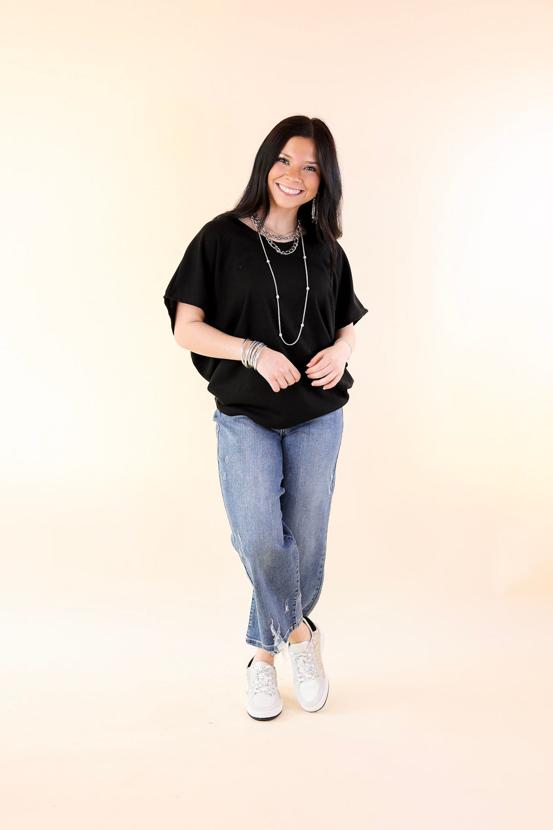 Everyday Essential Short Sleeve Waffle Knit Top in Black - Giddy Up Glamour Boutique