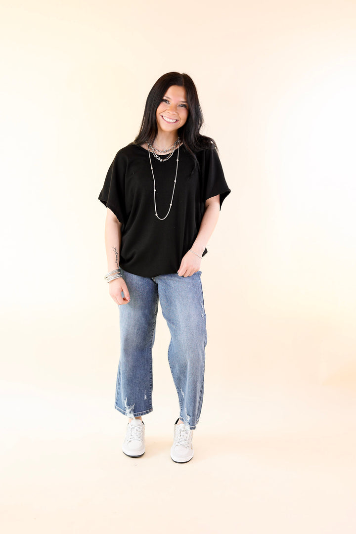 Everyday Essential Short Sleeve Waffle Knit Top in Black - Giddy Up Glamour Boutique