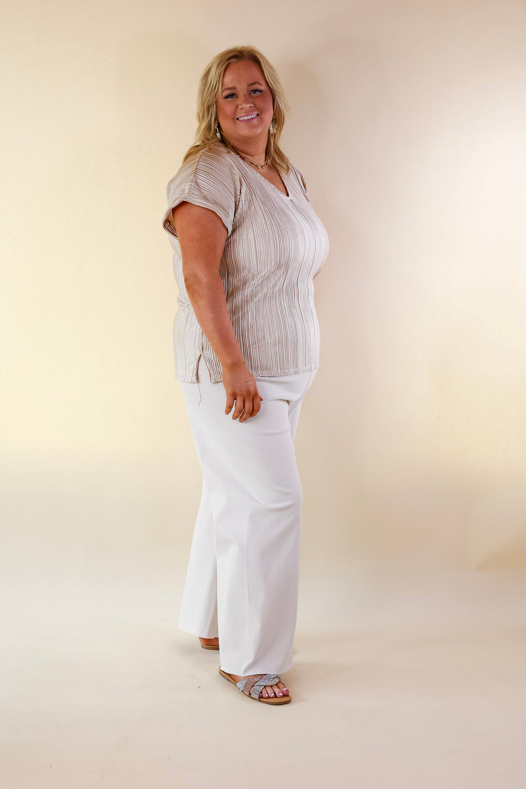 Casual Charm V Neck Plissé Top in Champagne - Giddy Up Glamour Boutique