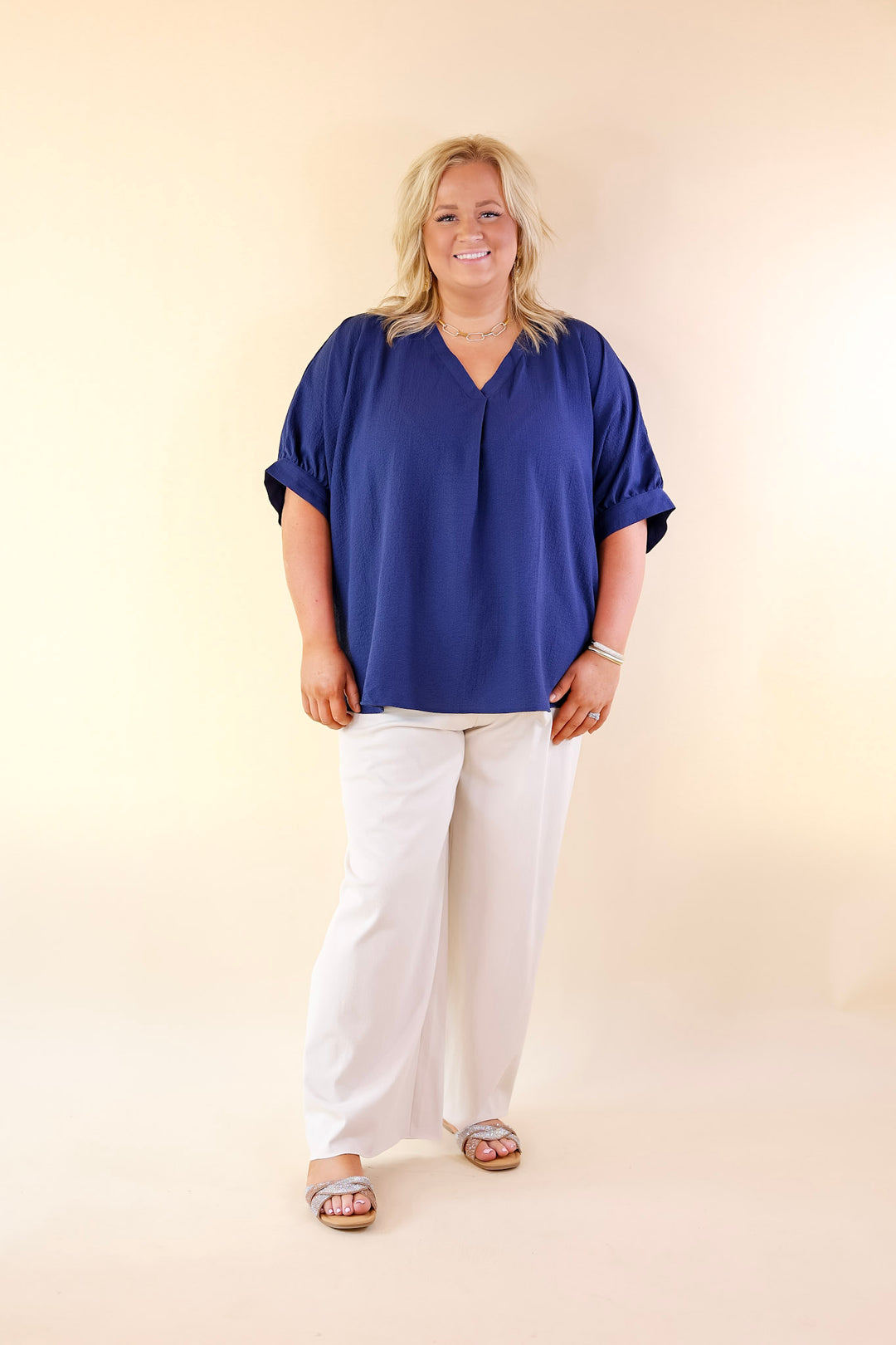 Chic and Charming V Neck Top with 3/4 Sleeves in Navy Blue - Giddy Up Glamour Boutique