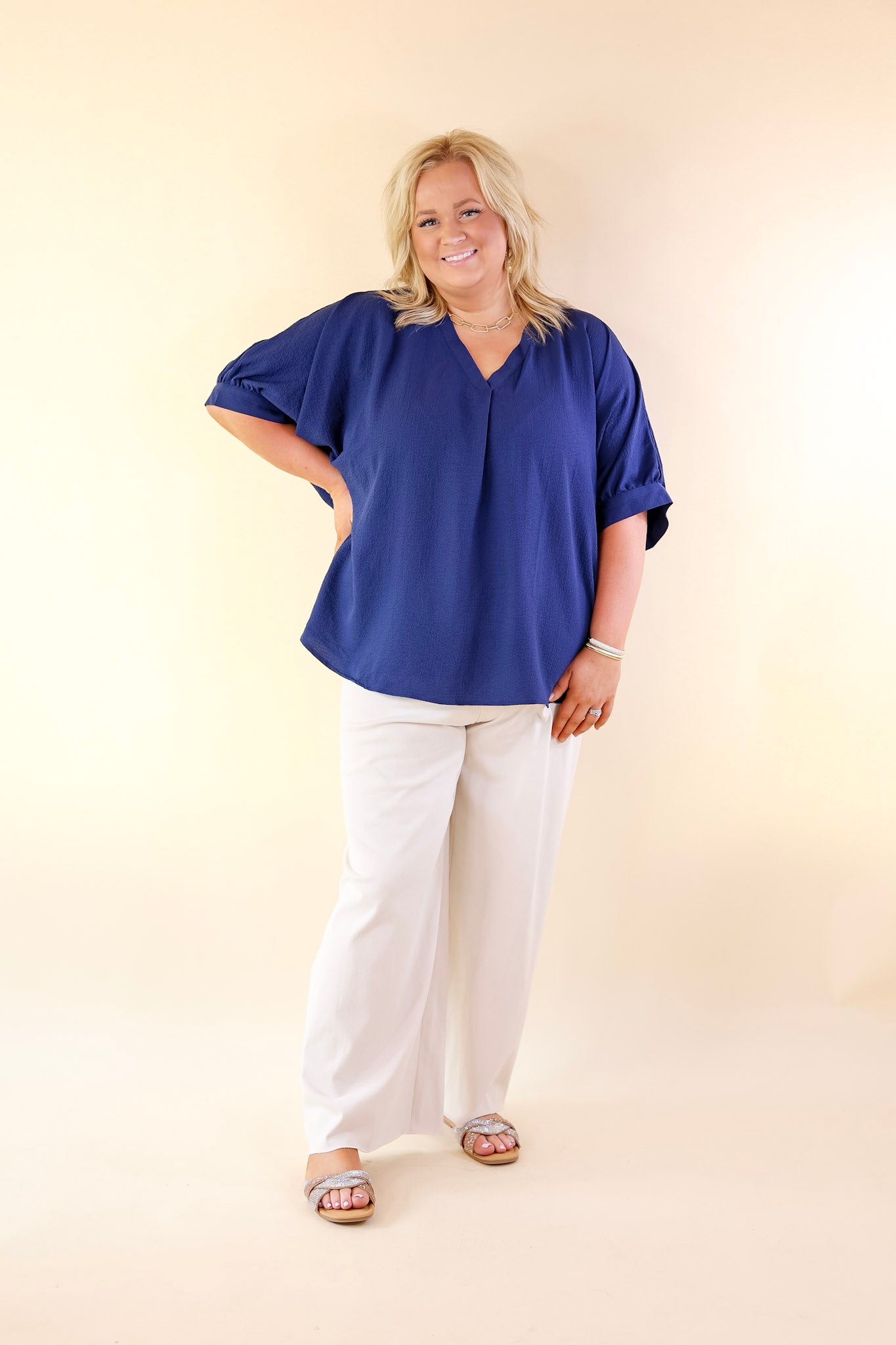 Chic and Charming V Neck Top with 3/4 Sleeves in Navy Blue - Giddy Up Glamour Boutique