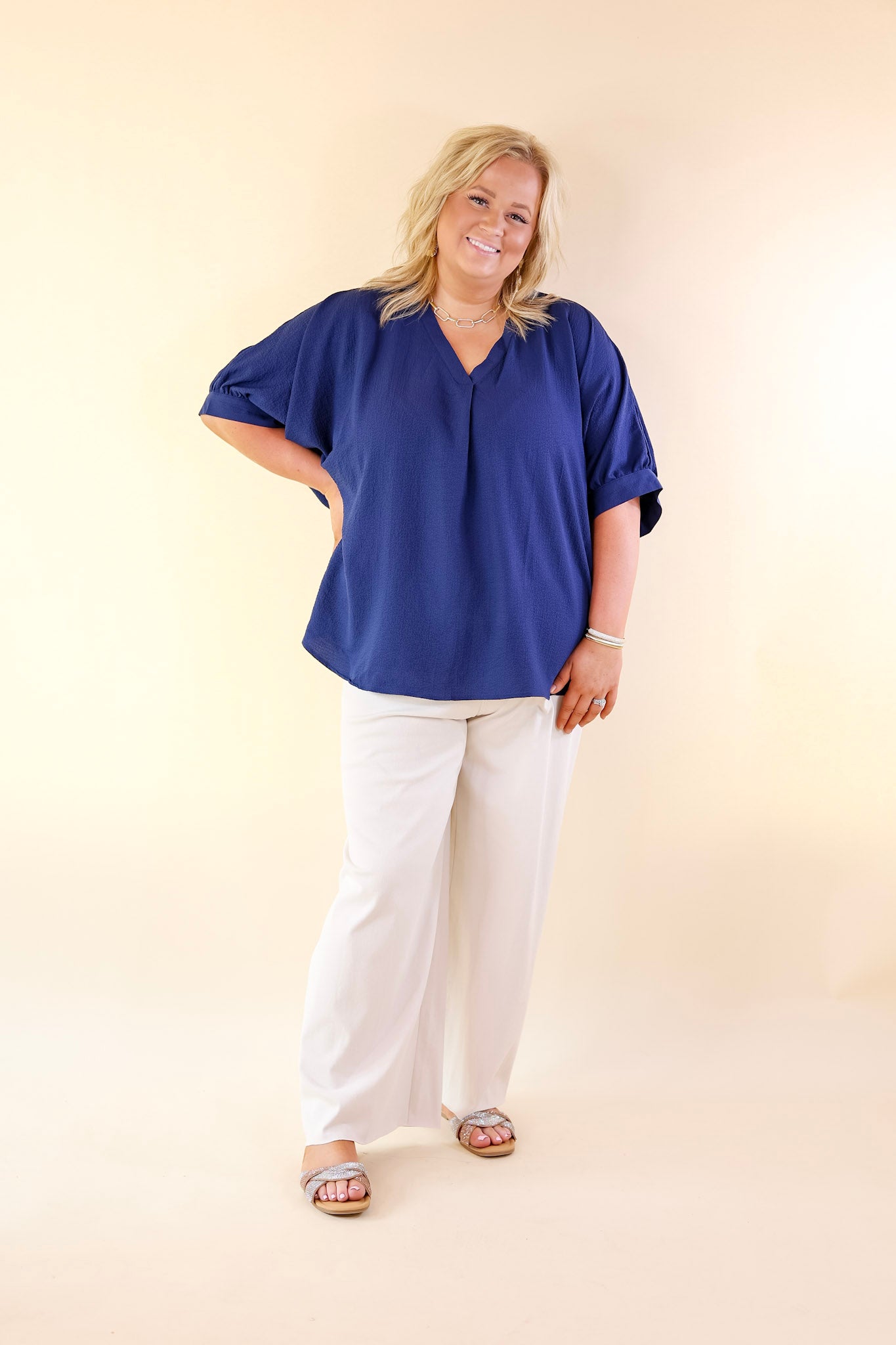Chic and Charming V Neck Top with 3/4 Sleeves in Navy Blue - Giddy Up Glamour Boutique