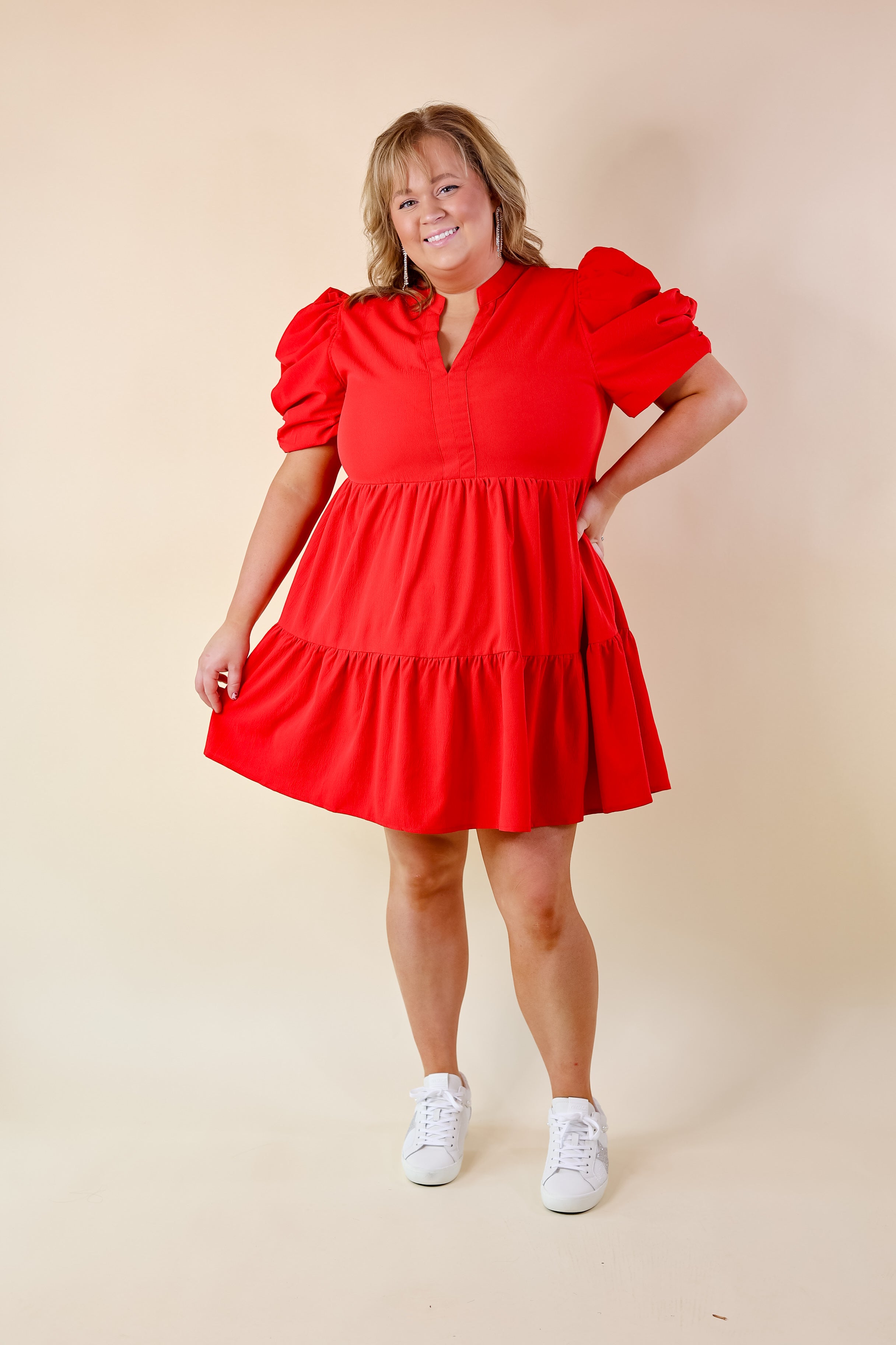 Call Me Chic Balloon Sleeve Short Dress in Red - Giddy Up Glamour Boutique
