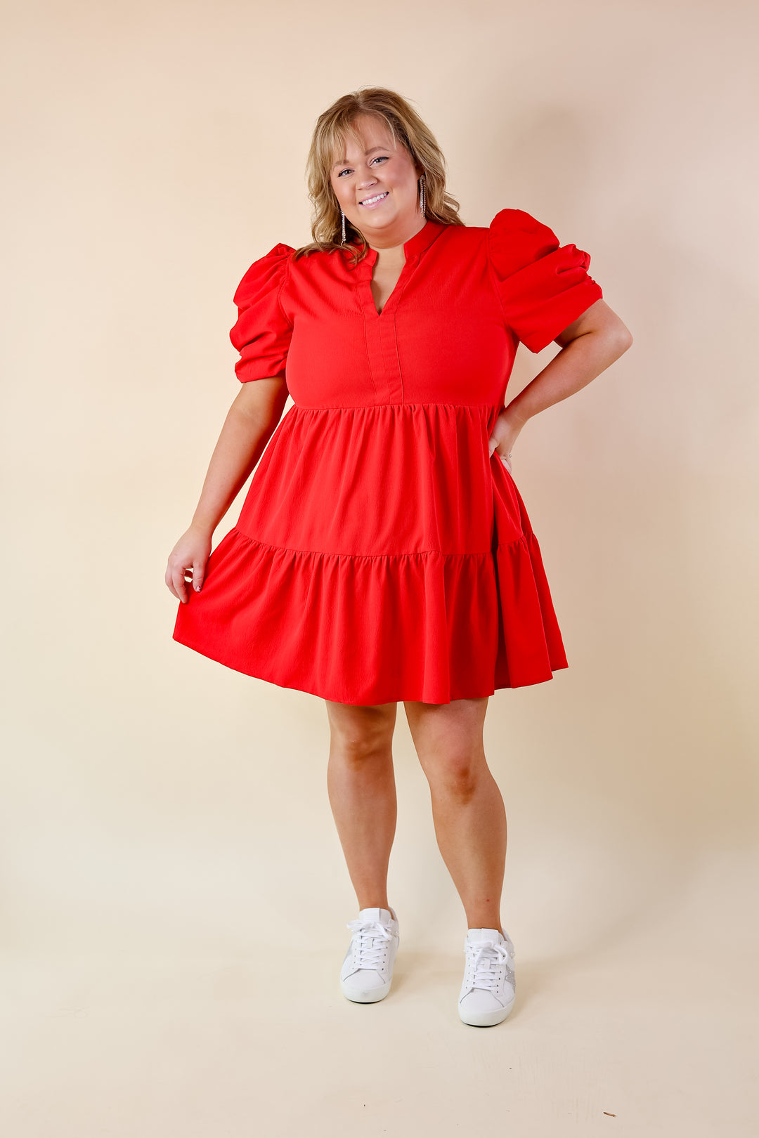 Call Me Chic Balloon Sleeve Short Dress in Red - Giddy Up Glamour Boutique