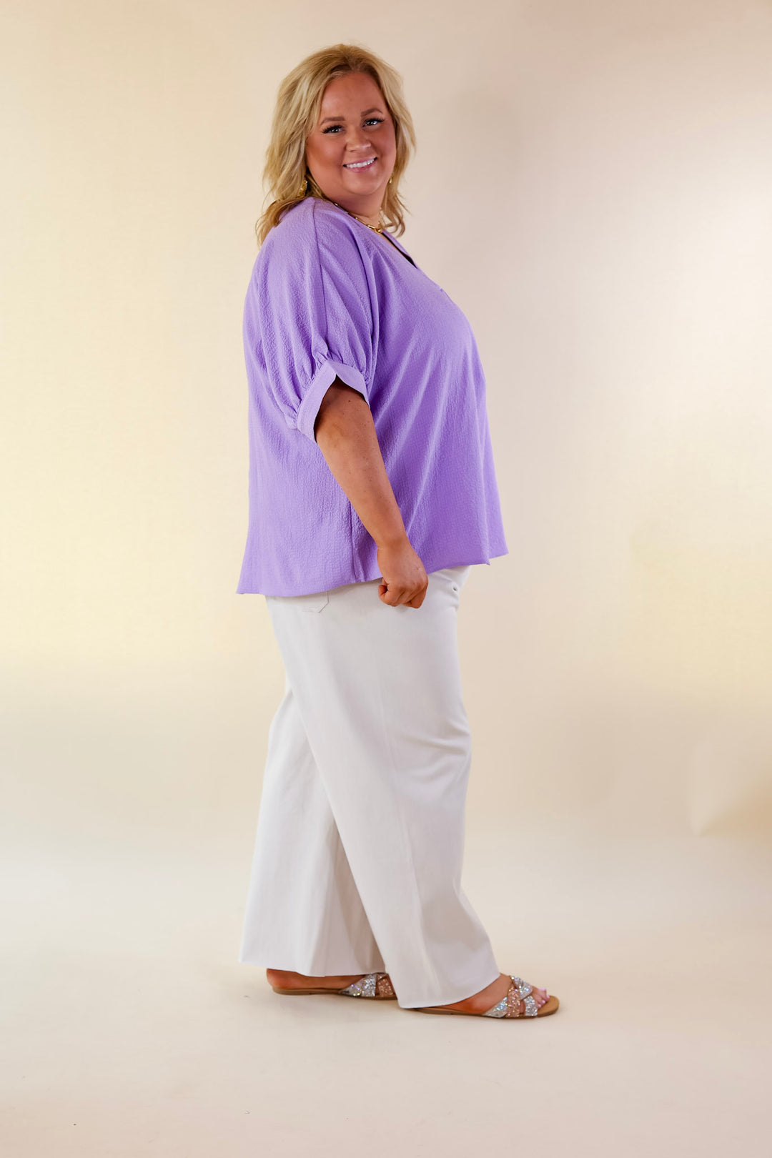 Chic and Charming V Neck Top with 3/4 Sleeves in Lavender Purple - Giddy Up Glamour Boutique