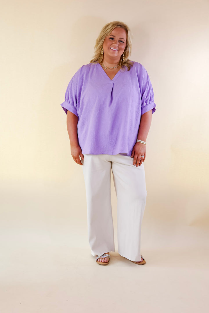 Chic and Charming V Neck Top with 3/4 Sleeves in Lavender Purple - Giddy Up Glamour Boutique