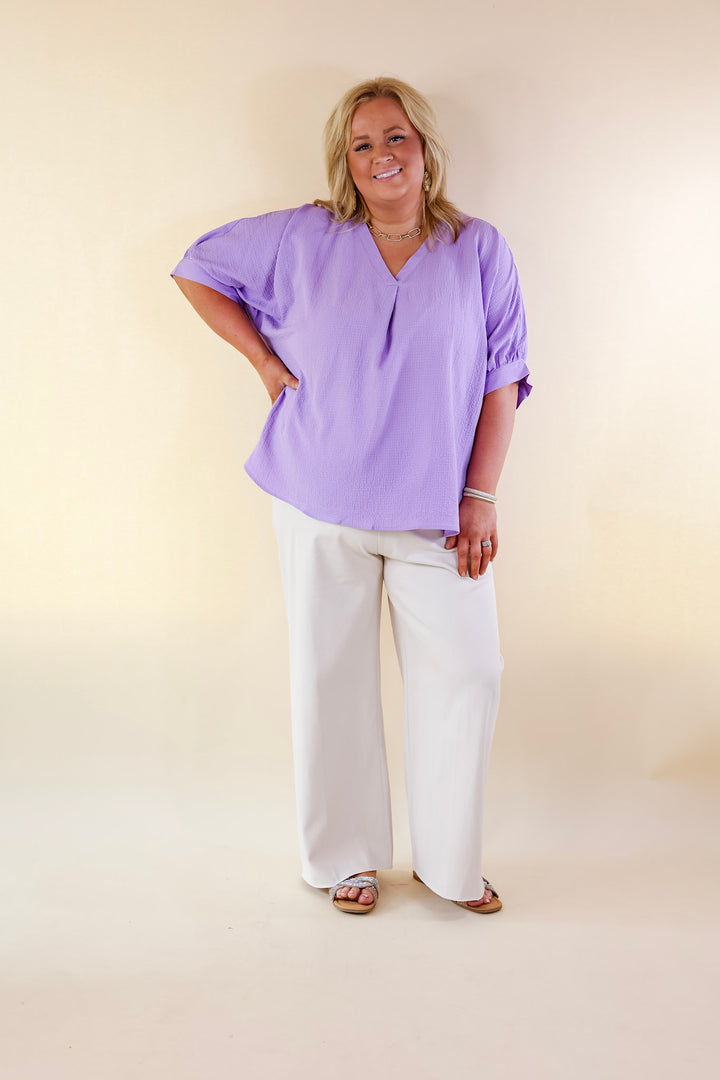 Chic and Charming V Neck Top with 3/4 Sleeves in Lavender Purple - Giddy Up Glamour Boutique
