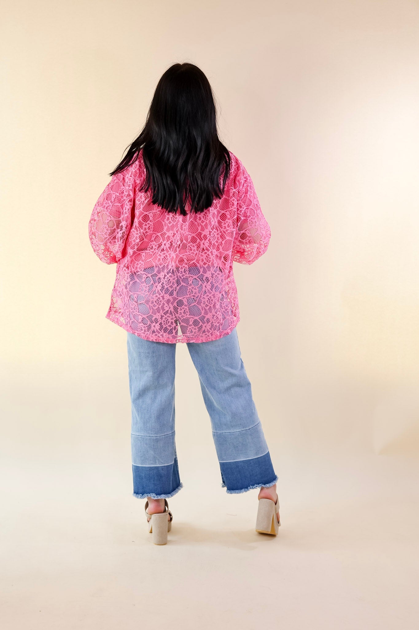 Sheer Chic Collared Button Up Lace Top in Pink Cosmos - Giddy Up Glamour Boutique