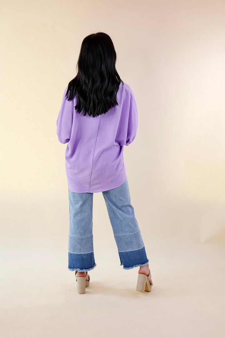 Chic and Charming V Neck Top with 3/4 Sleeves in Lavender Purple - Giddy Up Glamour Boutique