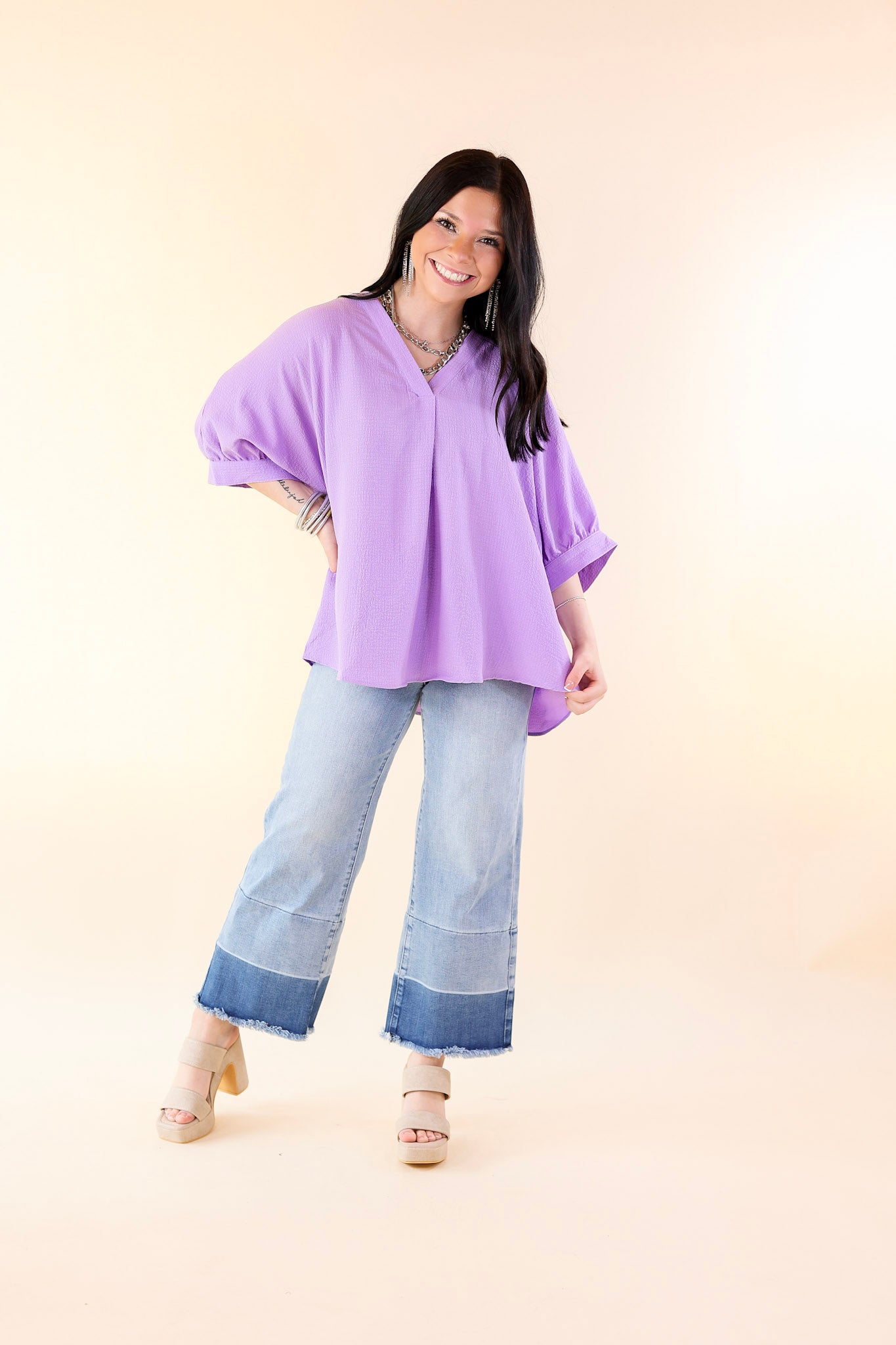 Chic and Charming V Neck Top with 3/4 Sleeves in Lavender Purple - Giddy Up Glamour Boutique