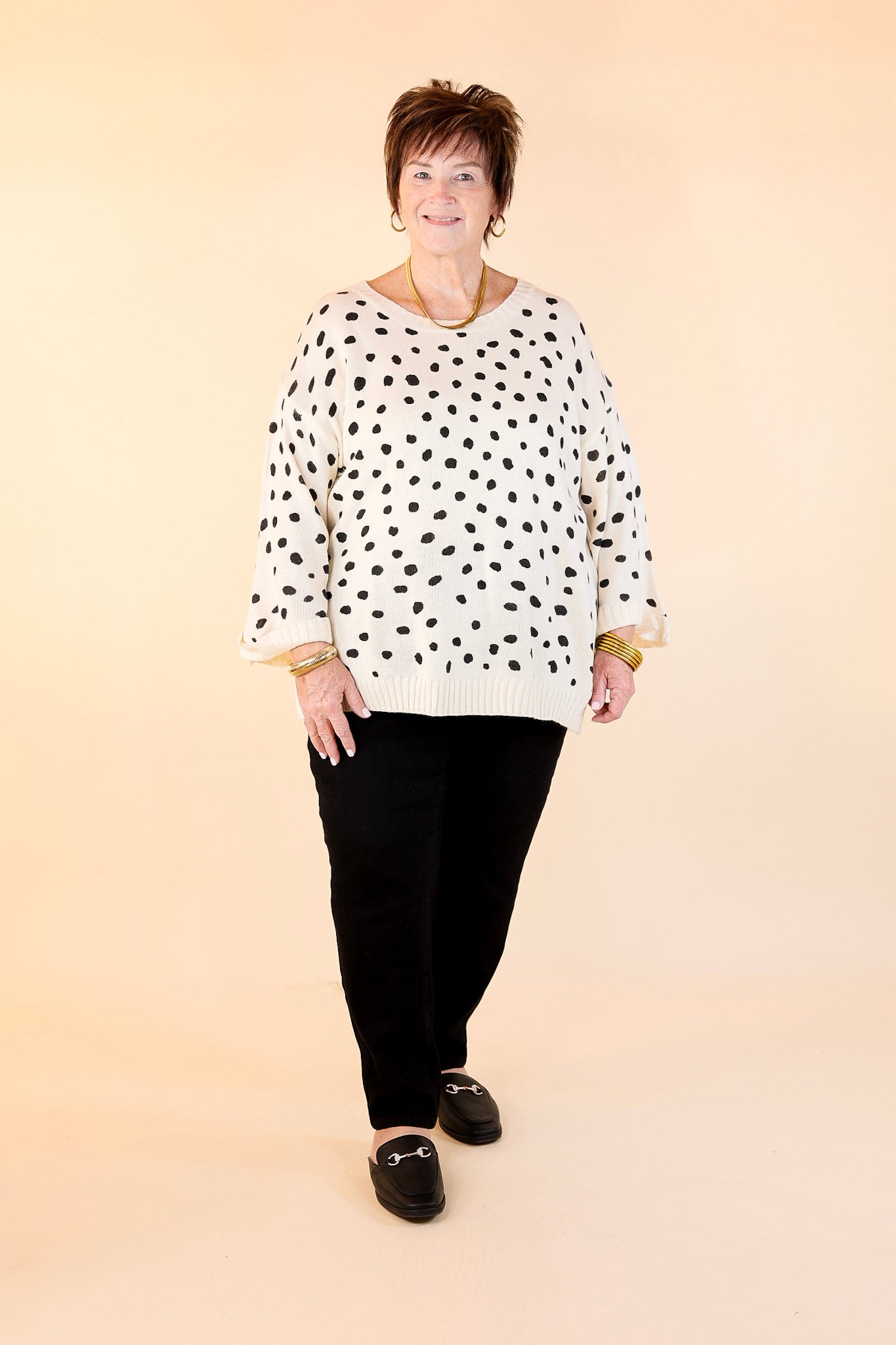 Iced Latte Love Wide 3/4 Sleeve Polka Dot Sweater in Ivory