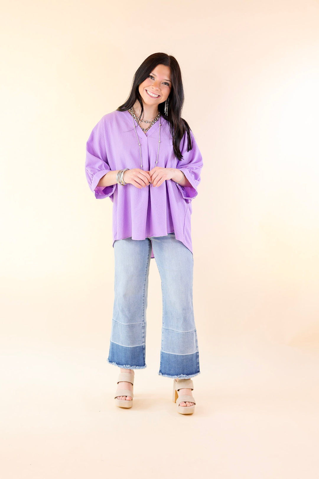 Chic and Charming V Neck Top with 3/4 Sleeves in Lavender Purple - Giddy Up Glamour Boutique