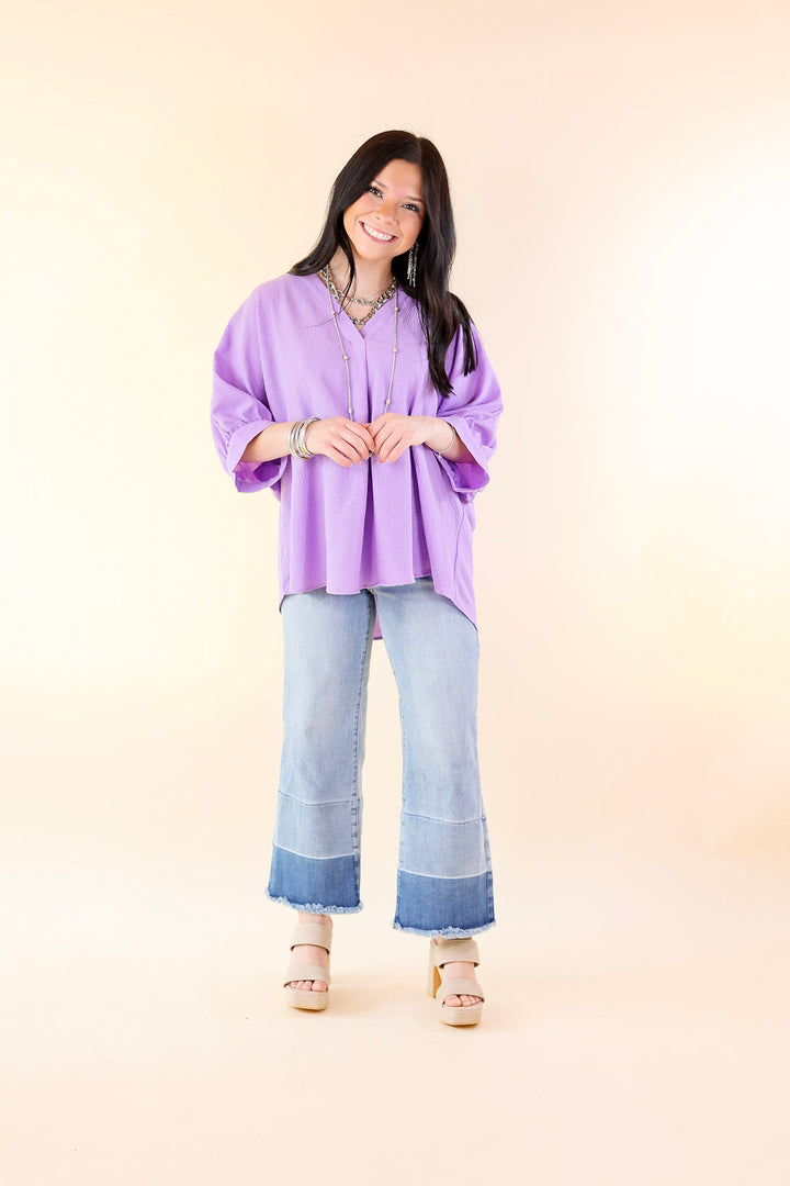 Chic and Charming V Neck Top with 3/4 Sleeves in Lavender Purple - Giddy Up Glamour Boutique