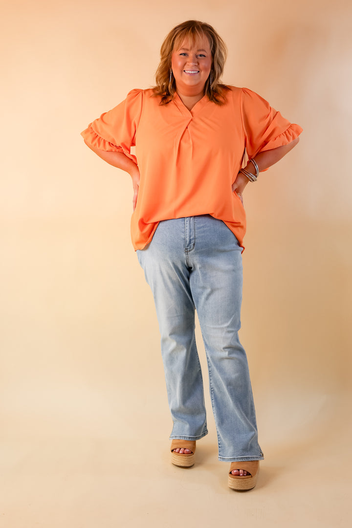 Radiant Ways Ruffle Short Sleeve Top with V Neckline in Orange - Giddy Up Glamour Boutique
