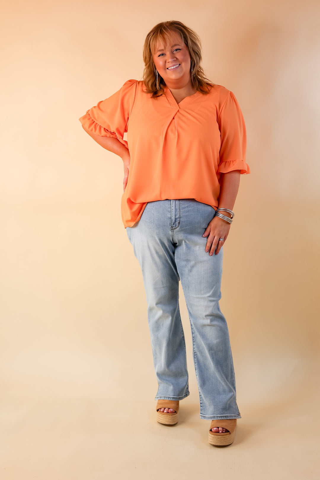 Radiant Ways Ruffle Short Sleeve Top with V Neckline in Orange - Giddy Up Glamour Boutique