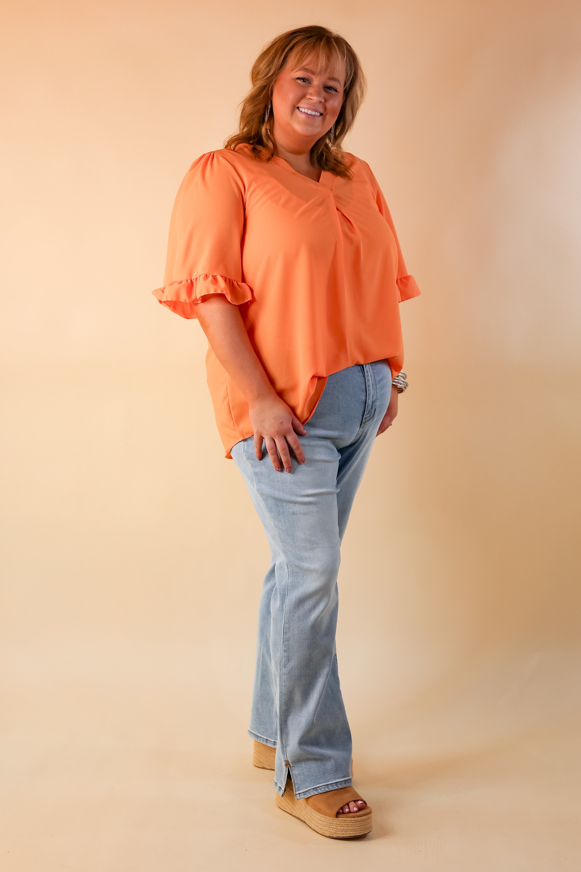 Radiant Ways Ruffle Short Sleeve Top with V Neckline in Orange - Giddy Up Glamour Boutique