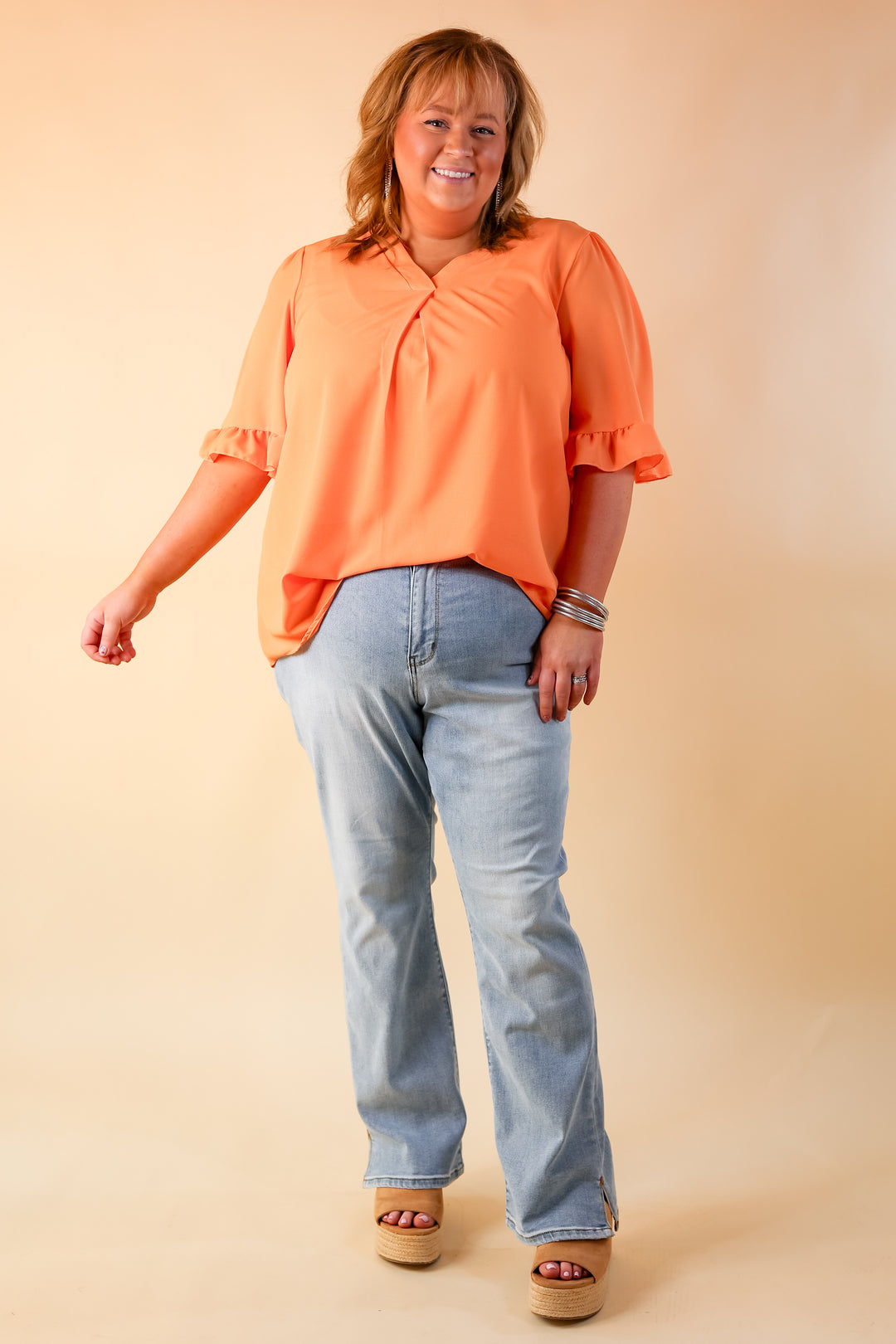 Radiant Ways Ruffle Short Sleeve Top with V Neckline in Orange - Giddy Up Glamour Boutique