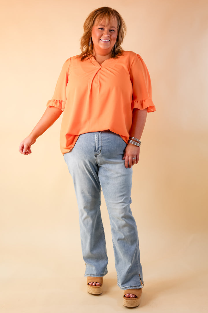 Radiant Ways Ruffle Short Sleeve Top with V Neckline in Orange - Giddy Up Glamour Boutique